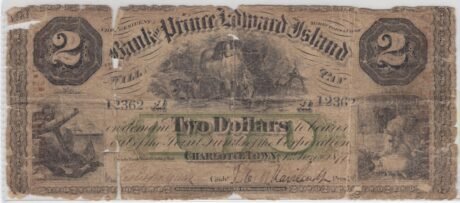 Аверс банкноты 2 доллара Банк острова Принца Эдуарда (Канада) 1872 года