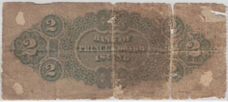 Реверс банкноты 2 доллара Банк острова Принца Эдуарда (Канада) 1872 года