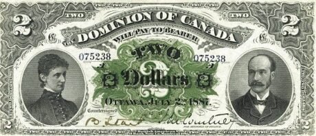 Аверс банкноты 2 доллара Доминион Канады (Канада) 1887 года