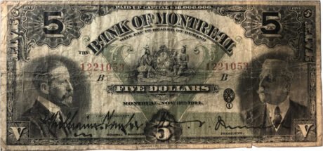 Аверс банкноты 5 долларов Банк Монреаля (Канада) 1914 года