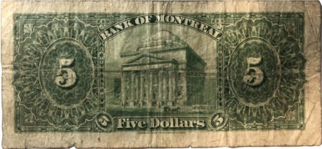 Реверс банкноты 5 долларов Банк Монреаля (Канада) 1914 года