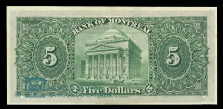 Реверс банкноты 5 dolarów Bank of Montreal (Kanada) 1923