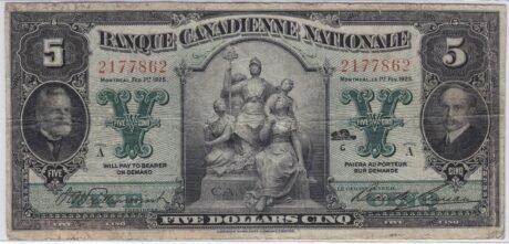 Аверс банкноты 5 dolarów Banque Canadienne Nationale (Kanada) 1925