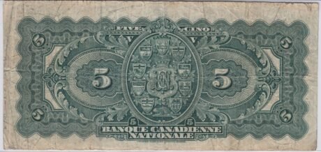 Реверс банкноты 5 dolarów Banque Canadienne Nationale (Kanada) 1925