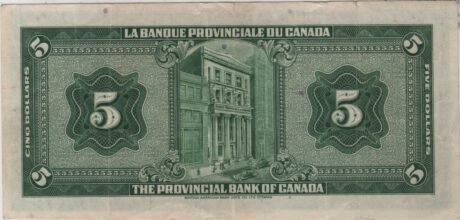Реверс банкноты Banknot 5 dolarów Provincial Bank of Canada z 1935 r.