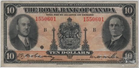 Аверс банкноты 10 dolarów Royal Bank of Canada (Kanada) 1935