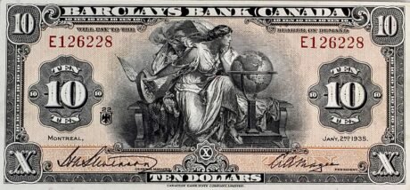Аверс банкноты Barclays Bank (Kanada) 10 dolarów (Kanada) 1935