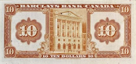 Реверс банкноты Barclays Bank (Kanada) 10 dolarów (Kanada) 1935