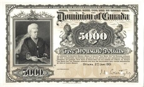 Аверс банкноты 5000 долларов Доминион Канады (Канада) 1901 года