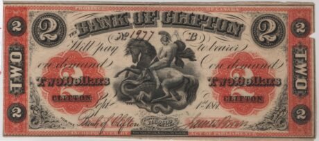 Аверс банкноты 2 доллара Банк провинции Клифтон Канады. (Канада) 1860 года
