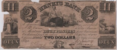 Аверс банкноты 2 доллара Банк Генри Бас-Канада (Канада) 1835 года