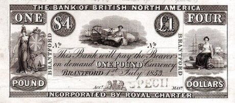 Аверс банкноты 4 доллара / 1 фунт - Банк Британской Северной Америки, Брантфорд (Канада) 1853 года