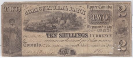 Аверс банкноты 2 доллара - Сельскохозяйственный банк Верхней Канады. (Канада) 1835 года