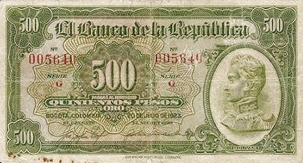 Аверс банкноты 500 песо Оро (Колумбия) 1923 года