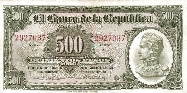 Аверс банкноты 500 песо Оро (Колумбия) 1964 года