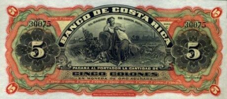 Аверс банкноты 5 колонов Банко Коста-Рики (Коста-Рика) 1901 года