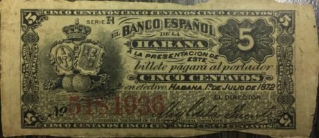 Аверс банкноты 5 сентаво (Куба) 1872 года