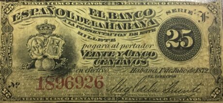 Аверс банкноты 25 сентаво (Куба) 1872 года