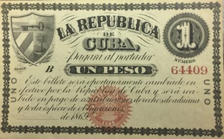 Аверс банкноты 1 песо 1869 года выпуска Республика Куба (Куба) 1869 года