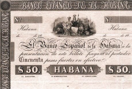 Аверс банкноты 50 pesos Banco Español de La Habana (Kuba) 1857