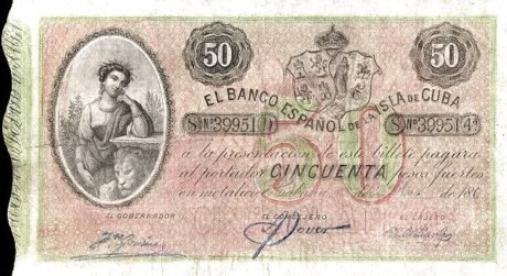 Аверс банкноты 50 песо (Куба) 1896 года