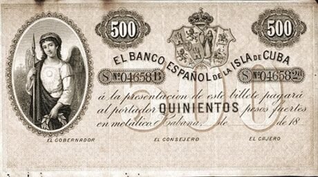 Аверс банкноты 500 песо (Куба) 1896 года
