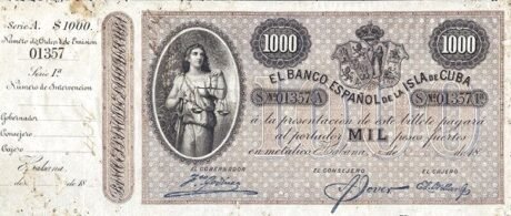 Аверс банкноты 1000 песо (Куба) 1896 года