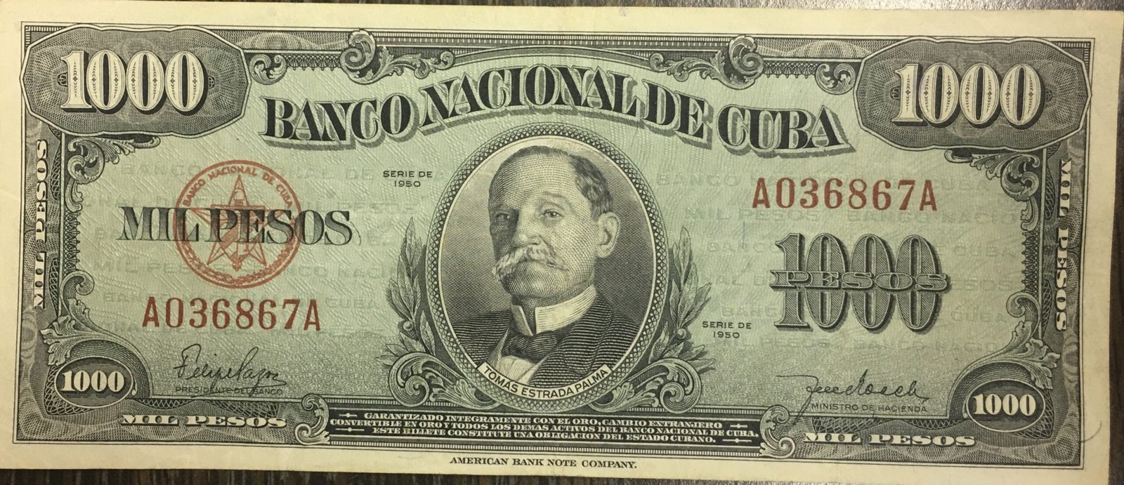 Аверс банкноты 1000 песо (Куба) 1950 года