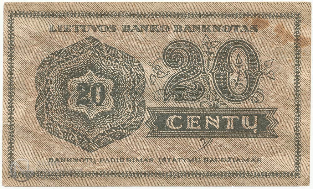Реверс банкноты 20 центов (Литва) 1922 года