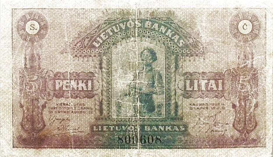 Аверс банкноты 5 литов (Литва) 1922 года