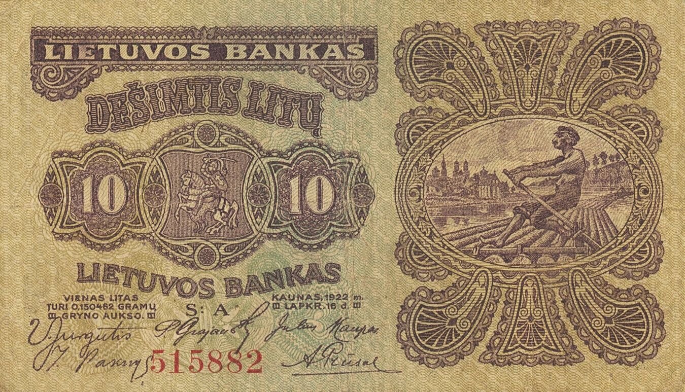Аверс банкноты 10 лит (Литва) 1922 года