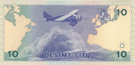 Реверс банкноты 10 лит (Литва) 1993 года
