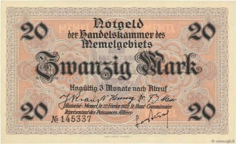 Аверс банкноты 20 марок (Литва) 1922 года