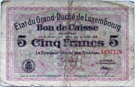 Аверс банкноты 5 франков (Люксембург) 1918 года
