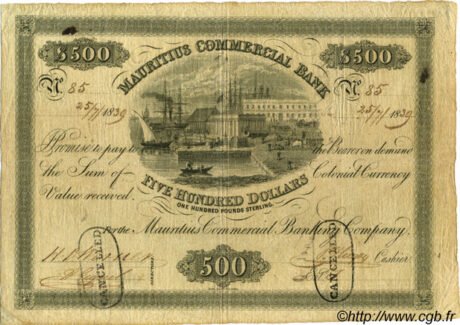Аверс банкноты 500 долларов (Маврикий) 1839 года