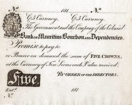 Аверс банкноты 5 крон (Маврикий) 1810 года