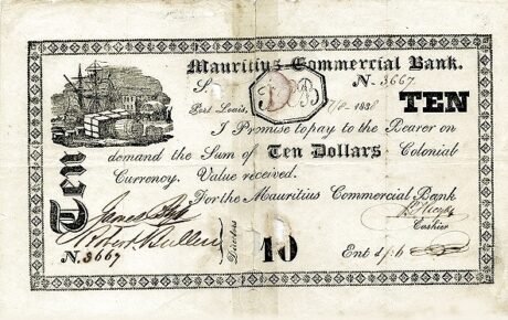Аверс банкноты 10 долларов (Маврикий) 1838 года