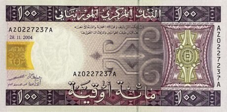 Аверс банкноты 100 угия (Мавритания) 2004 года