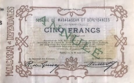 Аверс банкноты 5 франков / 1 ариари (Мадагаскар) 1917 года