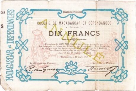 Аверс банкноты 10 франков / 2 ариария (Мадагаскар) 1917 года