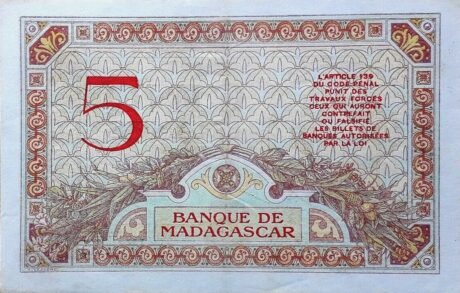 Реверс банкноты 5 франков (Мадагаскар) 1926 года