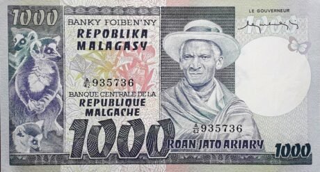 Аверс банкноты 1000 франков / 200 ариари (Мадагаскар) 1975 года
