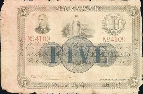 Аверс банкноты 5 dolarów – Charles Brooke (Malezja) 1877