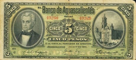 Аверс банкноты 5 pesos „El Banco de Aguascalientes” (Meksyk) 1902
