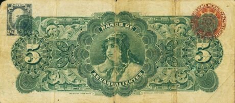 Реверс банкноты 5 pesos „El Banco de Aguascalientes” (Meksyk) 1902
