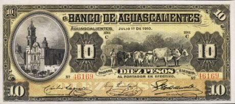 Аверс банкноты 10 peso „El Banco de Aguascalientes” (Meksyk) 1902