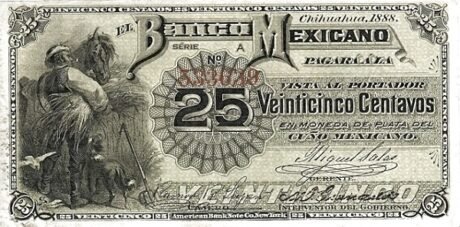 Аверс банкноты 25 сентаво «El Banco Mexicano» (Мексика) 1888 года