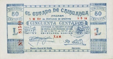 Аверс банкноты 50 centavos „El Estado de Chihuahua” (Meksyk) 1914