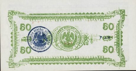 Реверс банкноты 50 centavos „El Estado de Chihuahua” (Meksyk) 1914