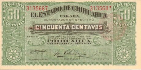 Аверс банкноты 50 centavos „El Estado de Chihuahua” (Meksyk) 1914